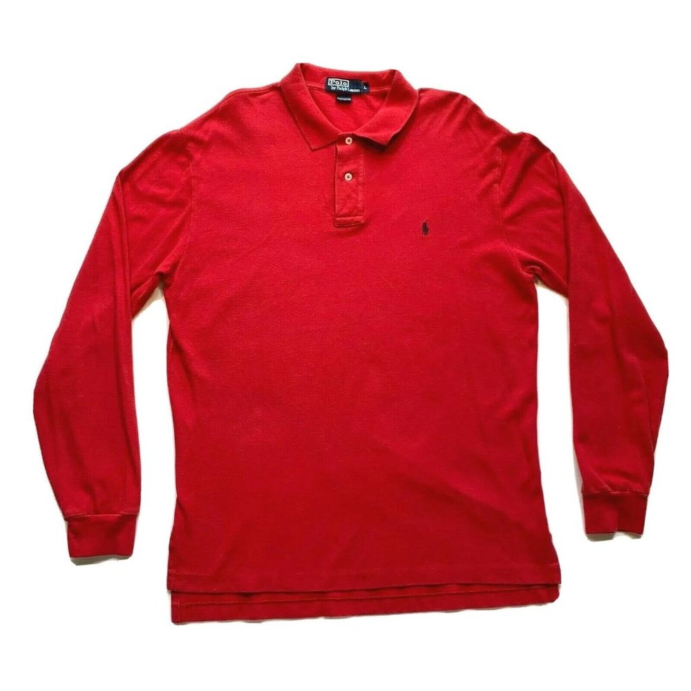 Polo Ralph Lauren Polo Shirt Long Sleeve Cotton Red Thick‎ Black Pony L EUC